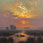 Featured Artwork: Gerard Erley Oil painting of a dramatic sunset over low-lying marsh