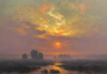 Featured Artwork: Gerard Erley Oil painting of a dramatic sunset over low-lying marsh