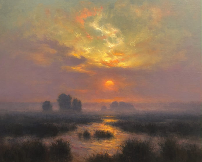 Oil painting of a dramatic sunset over low-lying marsh