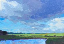 Featured Artwork: Mary Bentz Gilkerson Oil painting of a blue sky with water and grassland in the background