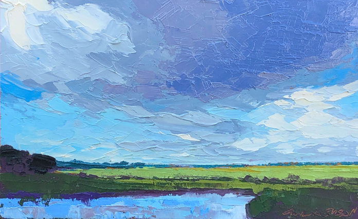Oil painting of a blue sky with water and grassland in the background