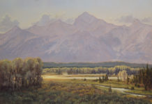 Featured Artwork: Debra Joy Groesser Oil painting of a lush green valley with the Teton mountains in the background