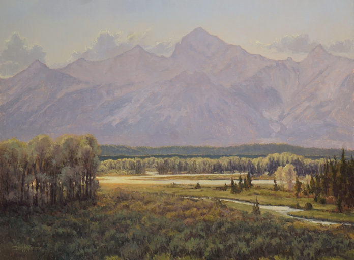 Oil painting of a lush green valley with the Teton mountains in the background