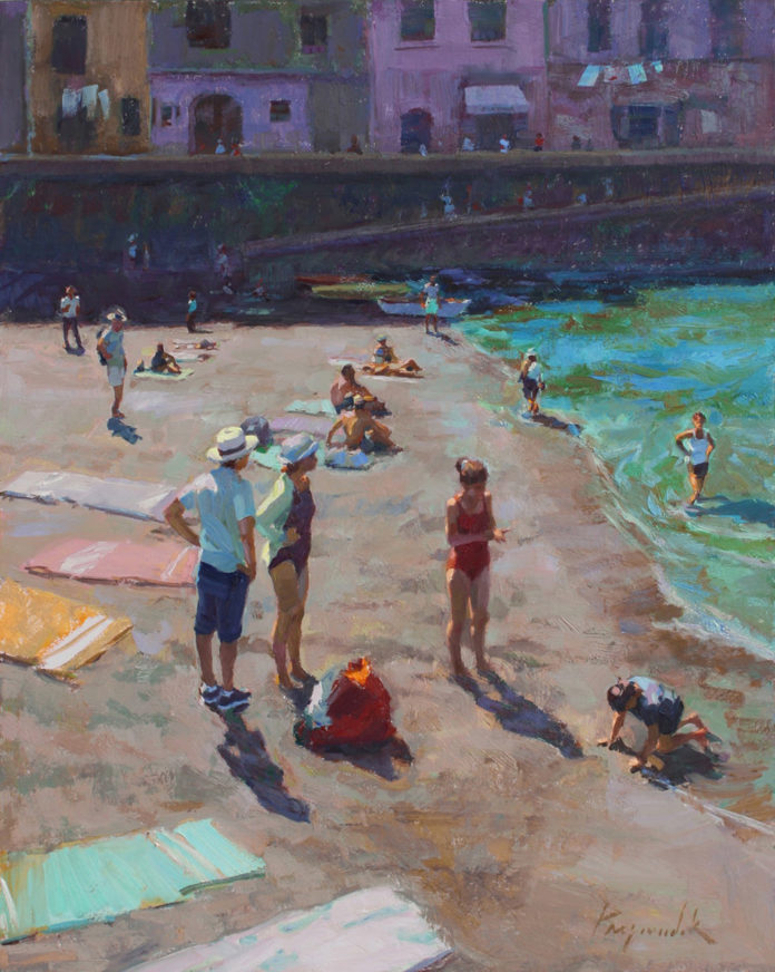 Oil painting of people on a beach