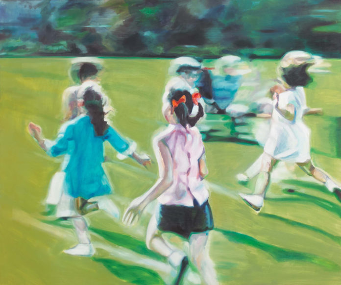 Oil painting of girls running on a lawn