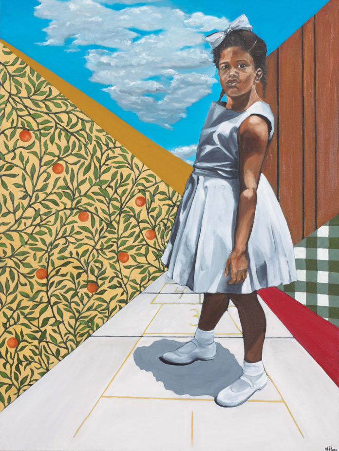 Oil painting of a young black girl standing boldly on a game of hopscotch