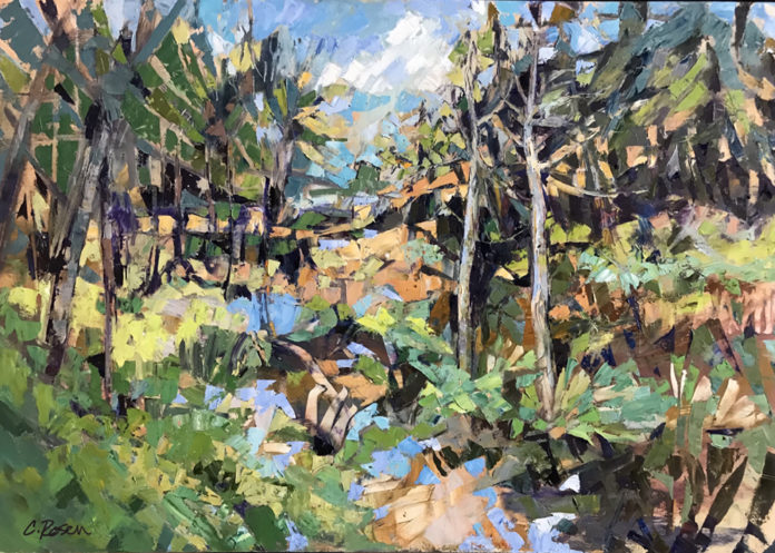 Oil painting of a landscape with trees and dense vegetation