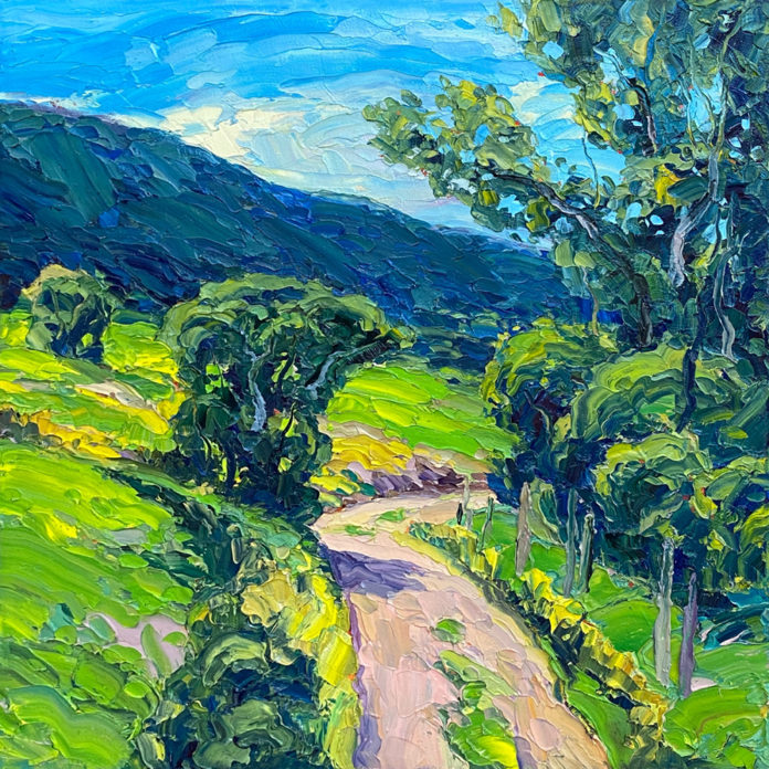 Oil painting of a path through a lush green landscape with trees and hills