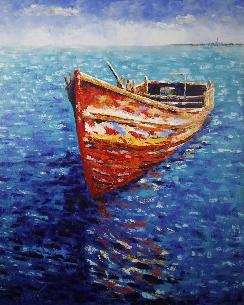 Oil painting of a small boat in the water