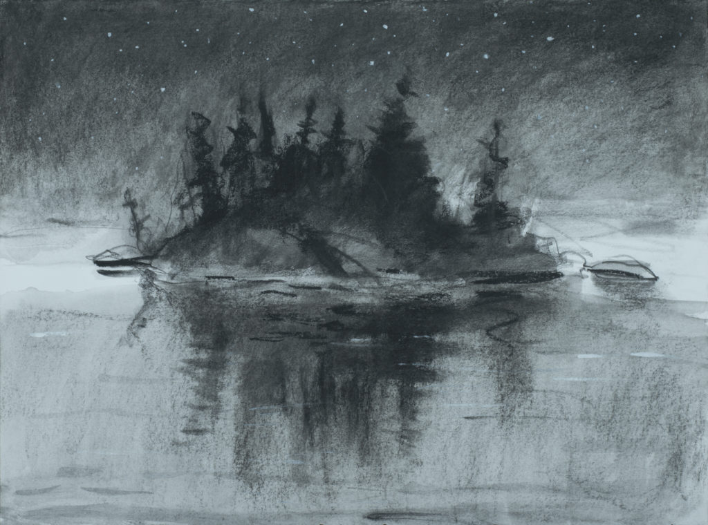 Joe Norris, "Magic Island at Midnight," charcoal on paper, 16x20"