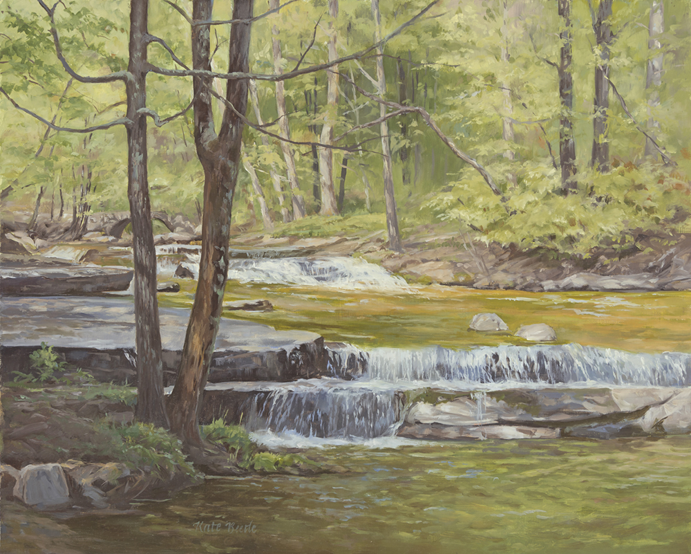 Oil painting of brook falls in dappled spring light