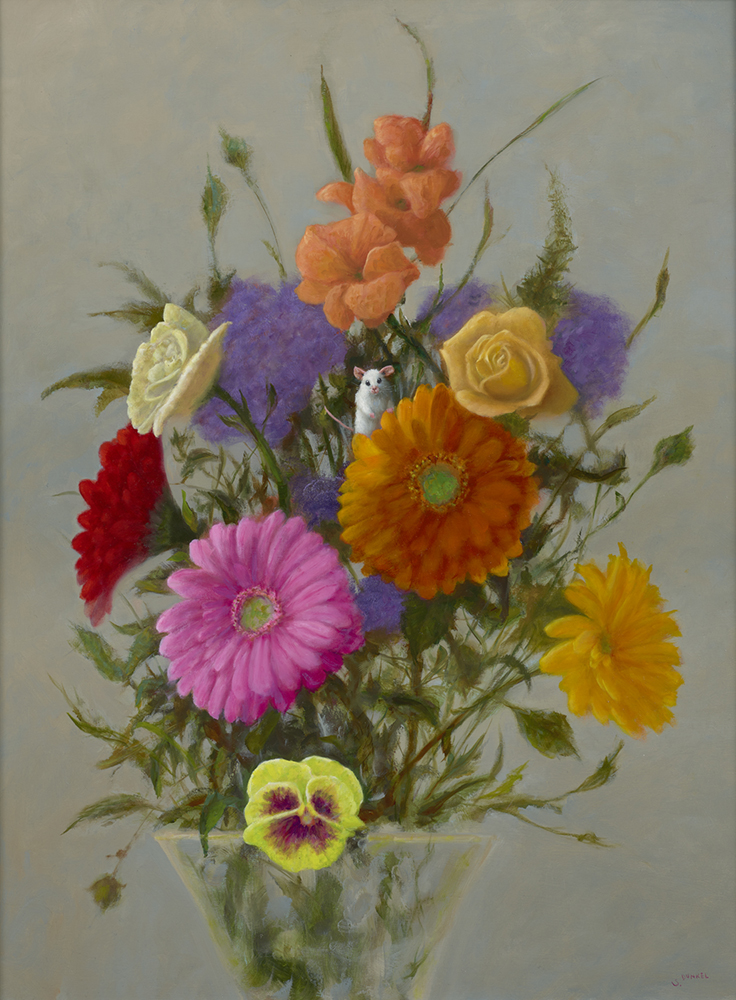 Oil painting of flowers in a vase with a small white mouse