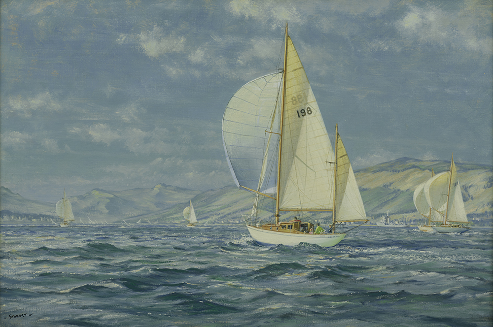 Oil painting of a sailboat on the ocean