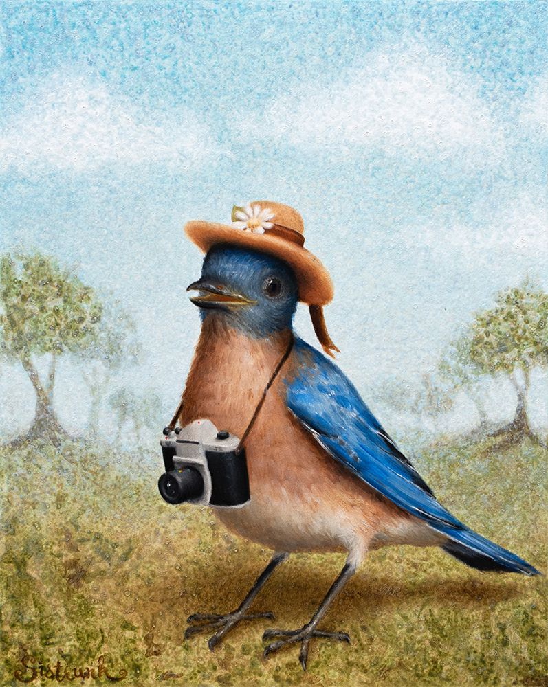 Acrylic and oil painting of a bluebird wearing a hat and a camera