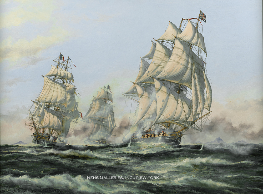 Oil painting of sailing ships racing through choppy waters