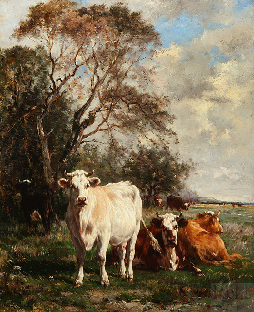 Oil painting of cows in a meadow