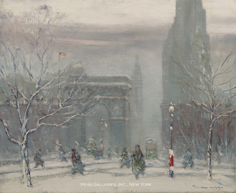 Oil painting of Washington Square Park in the snow