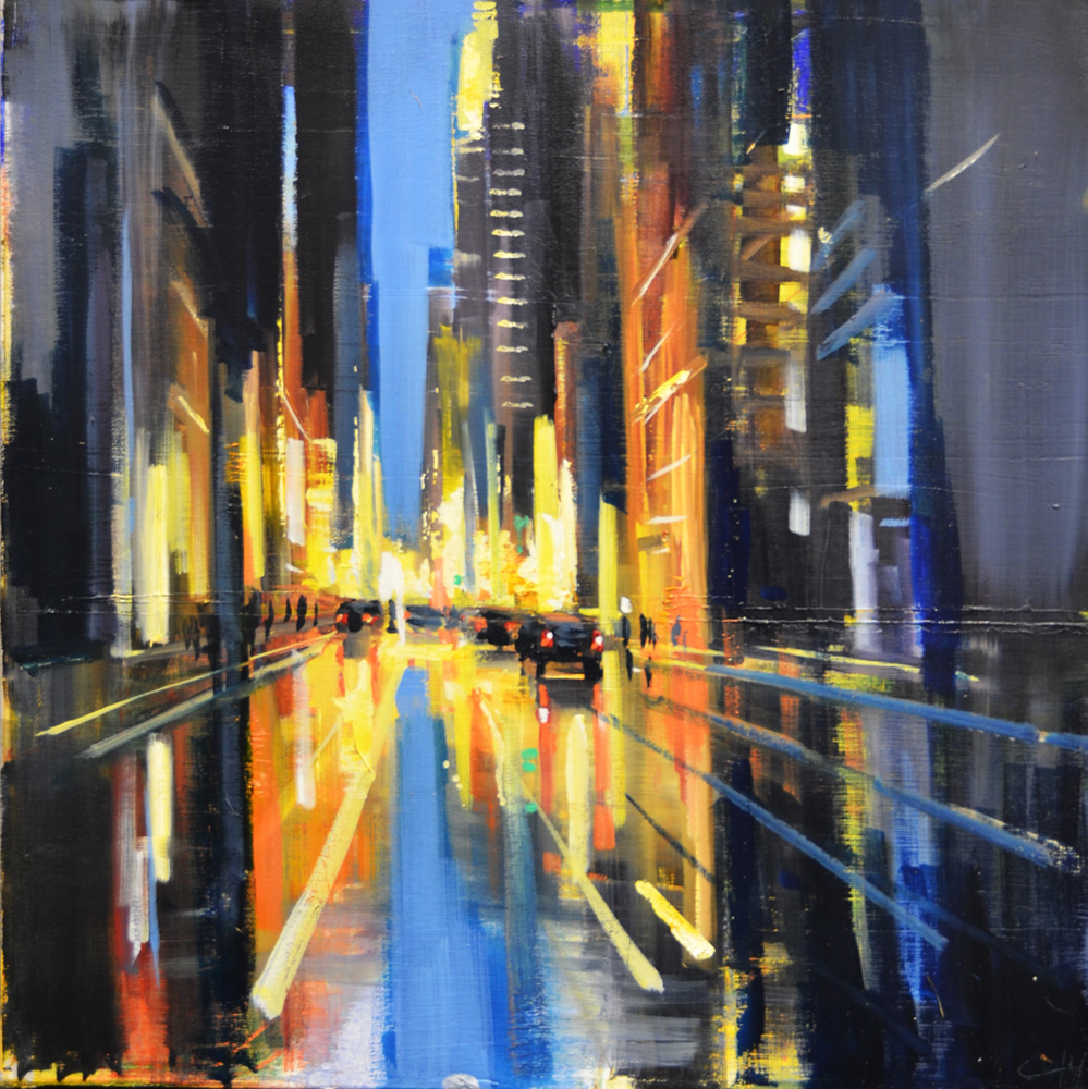 Oil painting of a wet city street with glowing lights