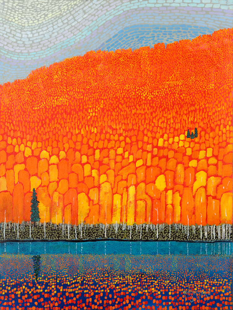 Oil painting of a vibrant orange hillside with autumn trees