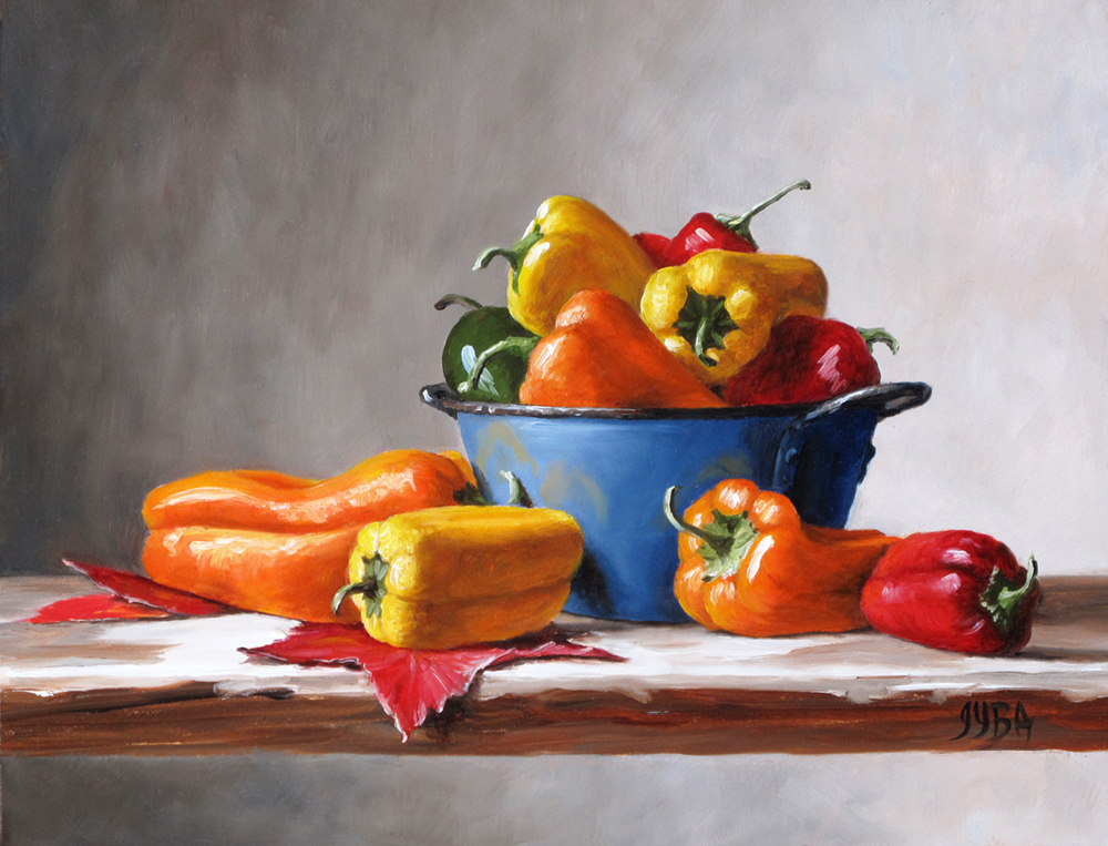 Oil painting of colorful peppers in a blue bowl on a table