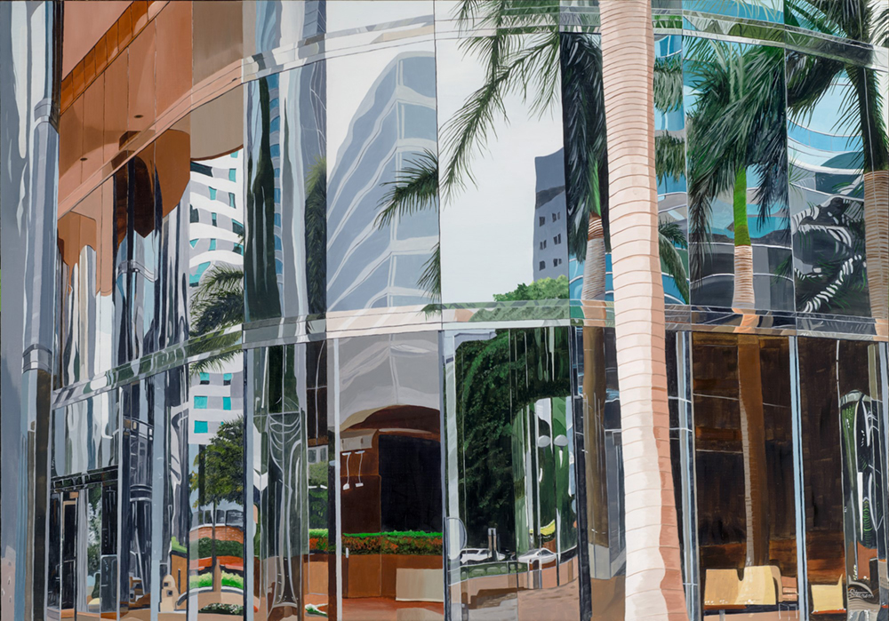 Oil painting of Miami high rise buildings reflected in the glass of another building