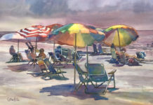 Featured Artwork: Catherine Hillis Watercolor painting of beach umbrellas and people on a beach