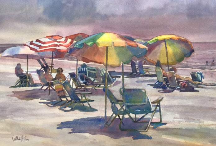 Watercolor painting of beach umbrellas and people on a beach