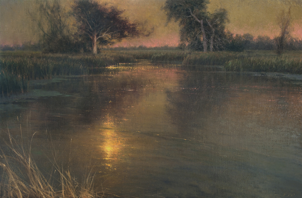 Oil painting of a pond at dusk