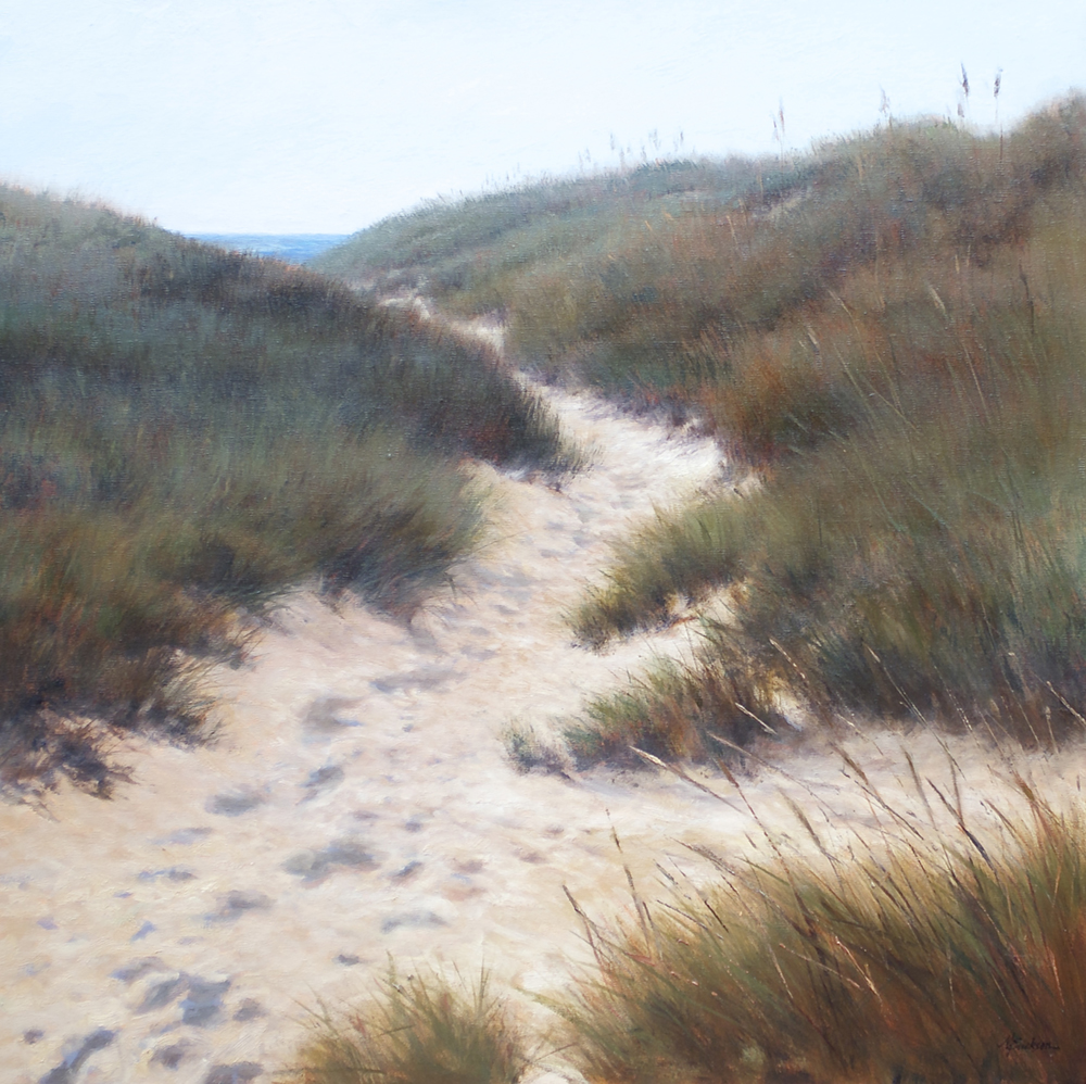 Oil painting of a sandy path to the ocean through grass covered dunes