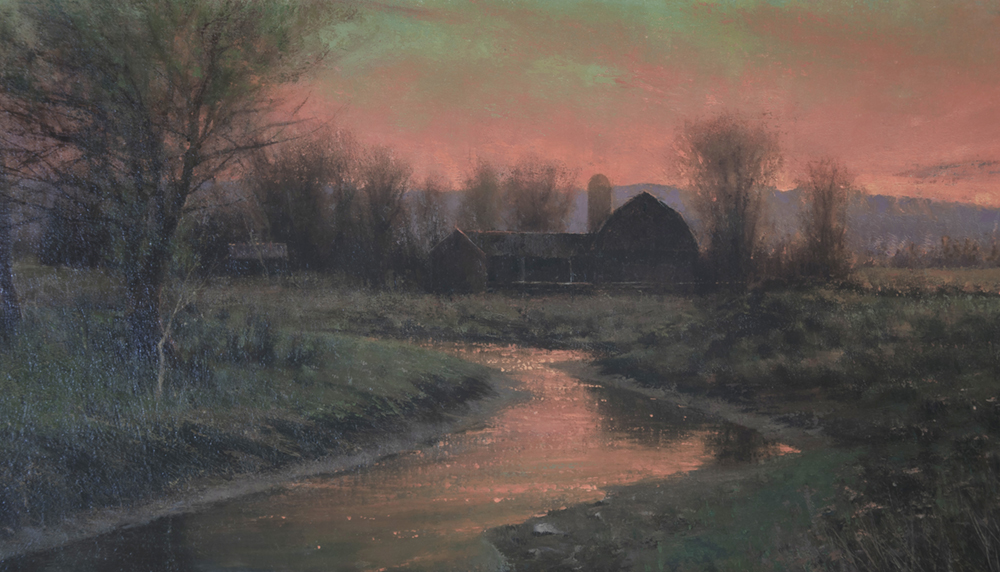 Oil painting of farmstead with river at dusk