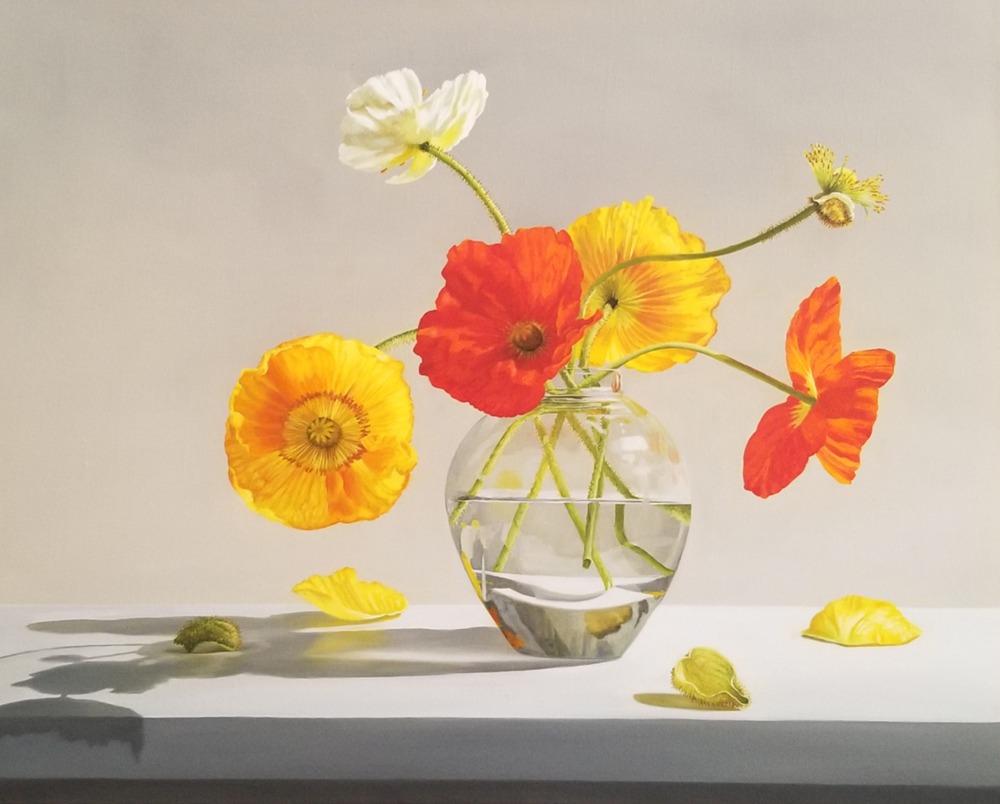 Oil painting of poppies in a vase