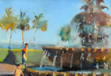 Featured Artwork: Jill Banks Oil painting of people playing in a fountain