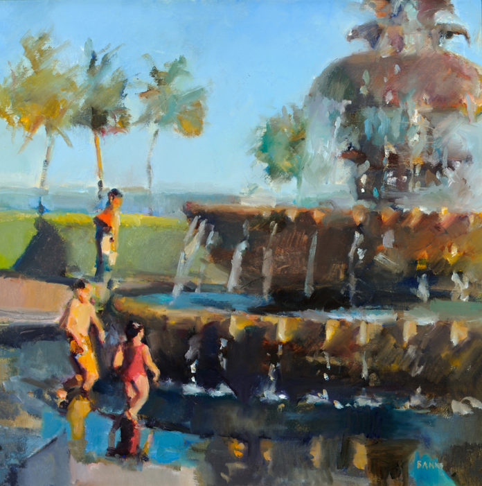 Oil painting of people playing in a fountain