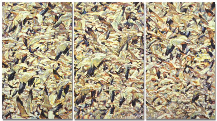 Triptych oil painting of birds in flight