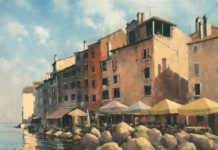 Featured Artwork: David Marty Oil painting of a waterfront town