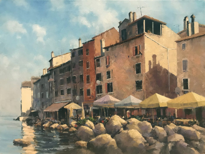 Oil painting of a waterfront town