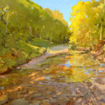 Featured Artwork: Lori Putnam Oil painting of a autumn trees and a ford