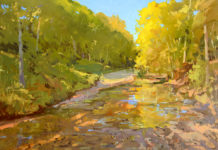 Featured Artwork: Lori Putnam Oil painting of a autumn trees and a ford