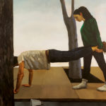 Featured Artwork: Rebecca Orcutt presented by The Bennett Prize Oil painting of a woman holding a man's legs like a wheelbarrow
