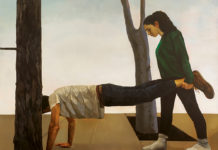 Featured Artwork: Rebecca Orcutt presented by The Bennett Prize Oil painting of a woman holding a man's legs like a wheelbarrow