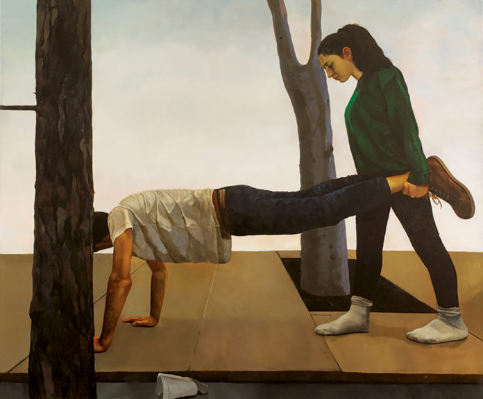 Oil painting of a woman holding a man's legs like a wheelbarrow