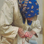 Featured Artwork: Amy Werntz presented by The Bennett Prize Oil painting of an elderly woman in a blue scarf trying to open a plastic bag
