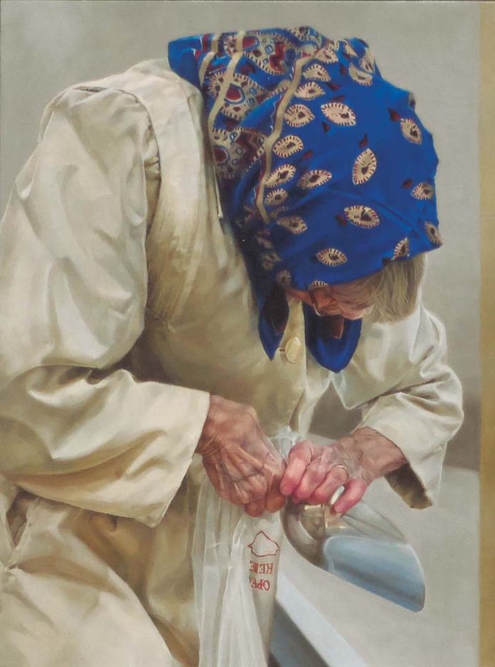 Oil painting of an elderly woman in a blue scarf trying to open a plastic bag