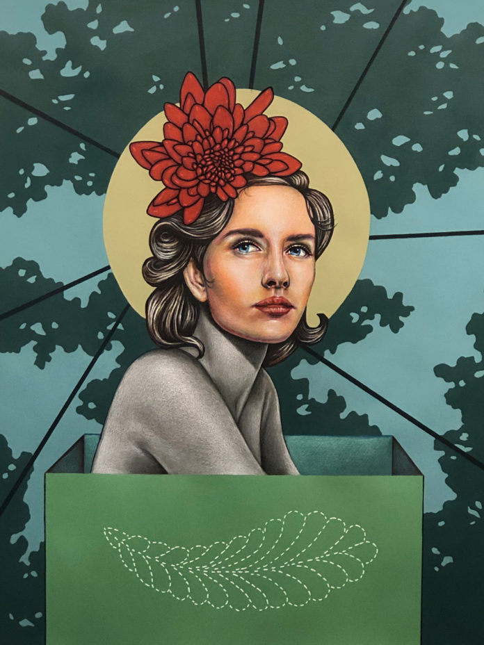 Mixed media painting of an elegant woman with a flower in her hair