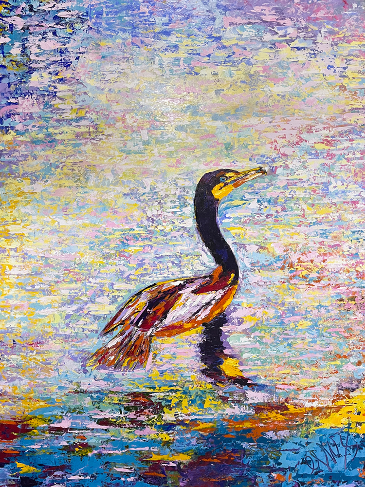 Oil painting of a Cormorant on the water