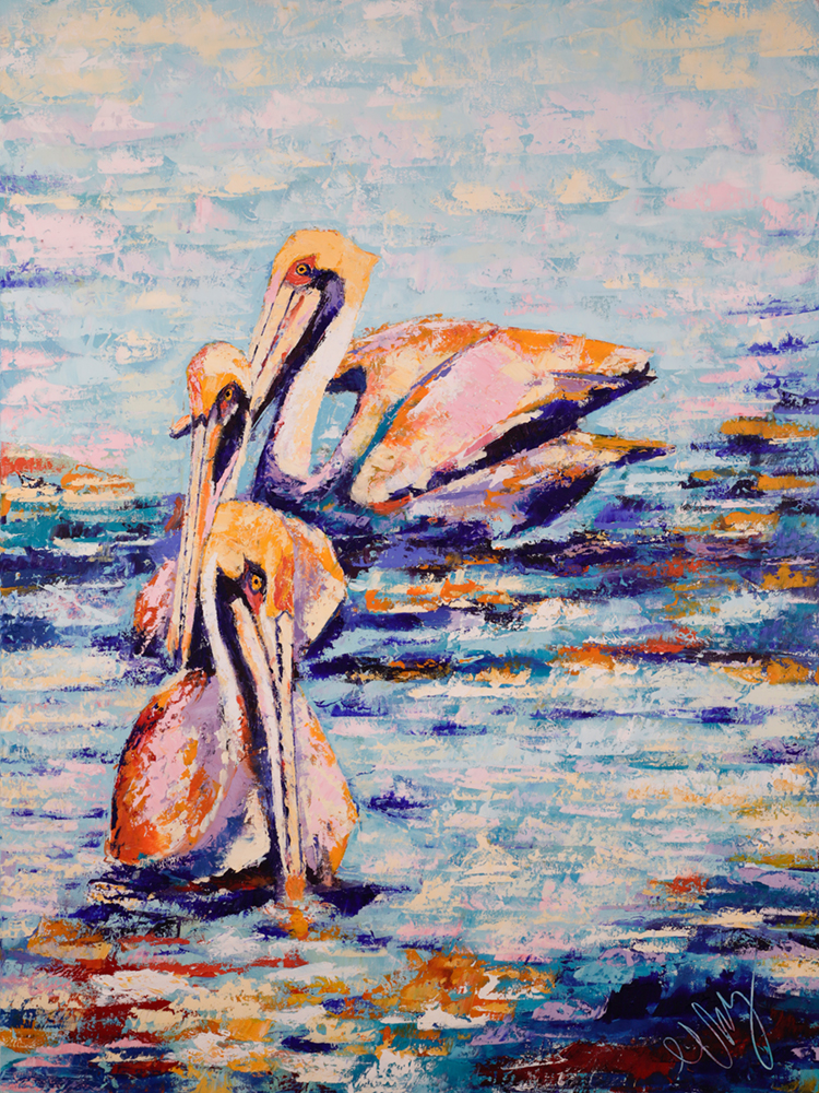 Oil painting of three pelicans in the water