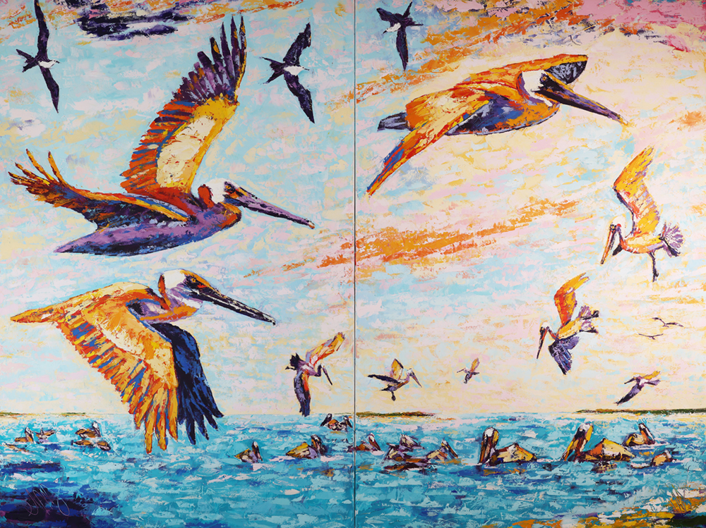 Diptych oil painting with dozens of pelicans flying over and floating on the water
