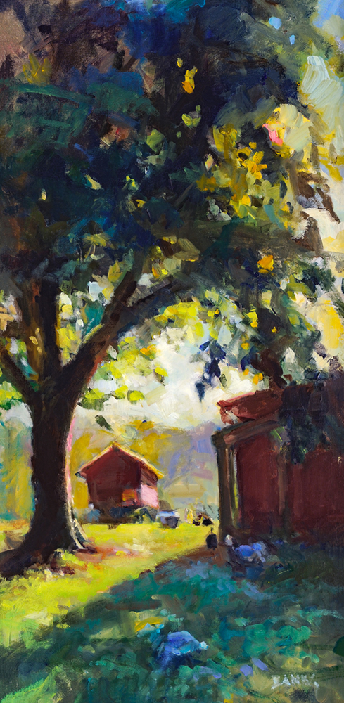Oil painting of a small barn nestled between a tree and farm building