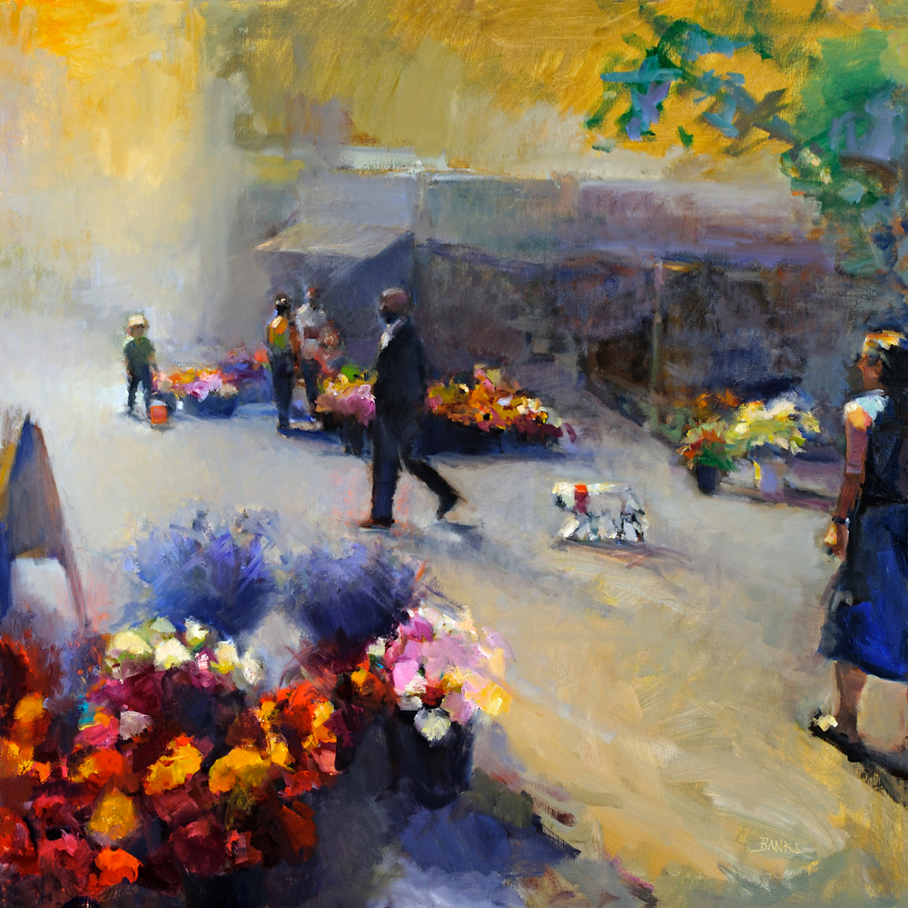 Oil painting of flowers and people walking on city street