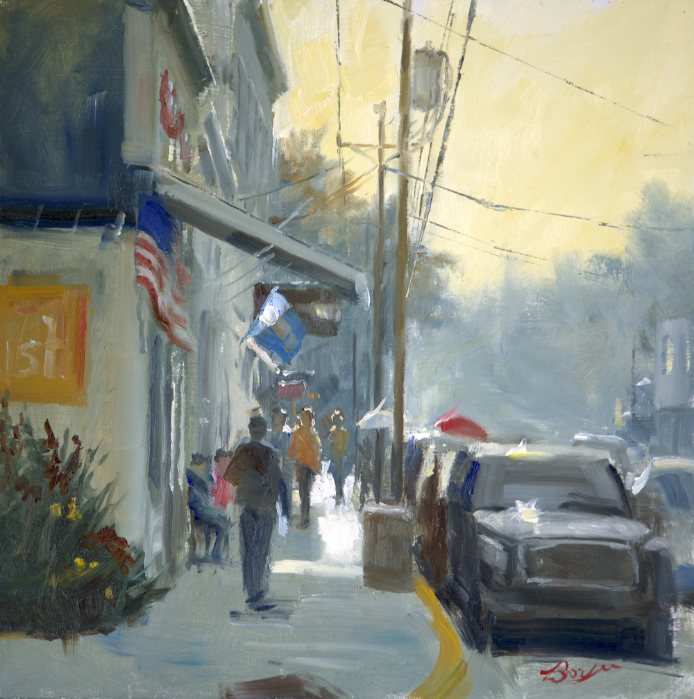 Oil painting of a man walking down the sidewalk on a city street